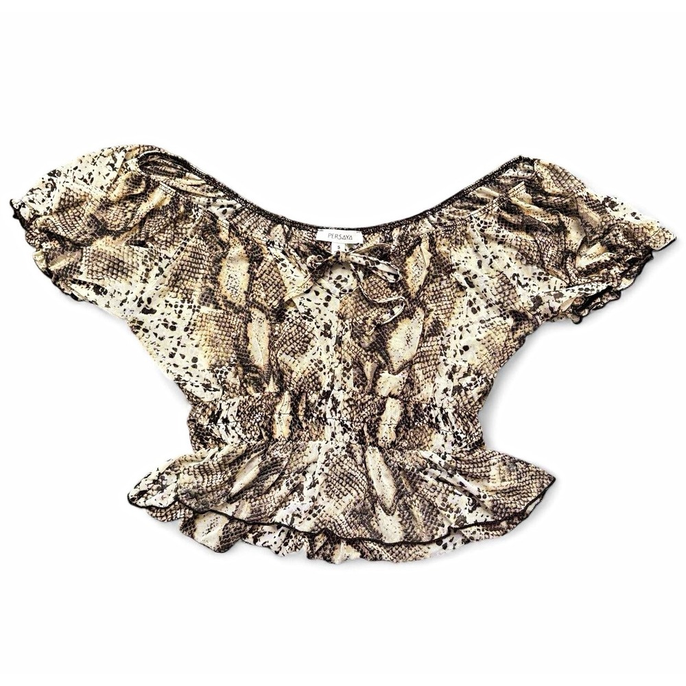 Persaya Women's S Snakeskin Print Sheer Smocked Peplum Blouse indie Sleeze